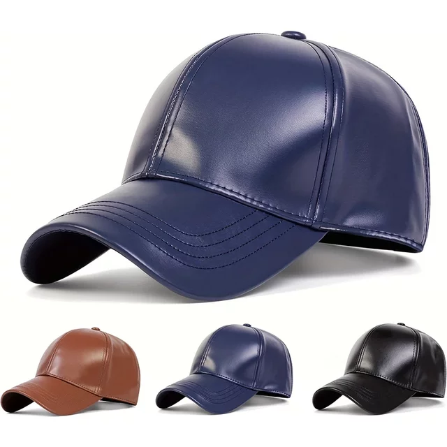 Unisex Solid Color PU Leather Baseball Caps Adjustable Casual Hats Spring and Autumn Outdoor Sunscreen Hat