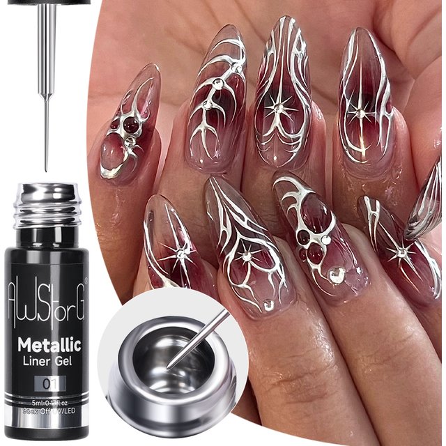 AWStorG 1/3 Pcs Metallic Liner Paint Gel Nail Polish Chrome Mirror Metal Effect Super Bright French Semi Permanent UV LED Gels