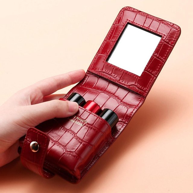PU Lipstick Case Holder with Mirror Lipstick Holder Makeup Travel Cases Organizer Bag Mini Handheld Lipstick Pouch for women
