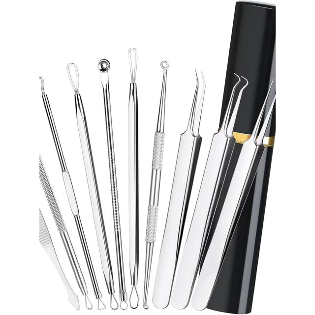 Professional 10Pcs Pimple Popper & Blackhead Remover Kit - Comedone Extractor Tools for Facial & Nose Acne Treatment,