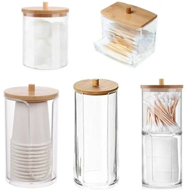 Acrylic Storage Box Bathroom Jar Makeup Organizer Cotton Round Pad Holder Cotton Swab Box Qtip Holder Dispenser with Bamboo Lid
