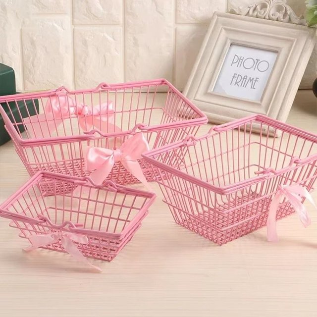 S/M/L Storage Basket Mini Pink Desktop Organizing Basket Iron Large Capacity Hand Basket for Jewelry Cosmetics Parts Sundries