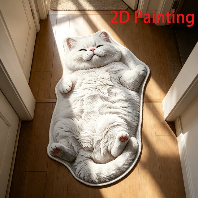 VIKAMA 2D Painted White Cat Rug Fluffy Lying Shape Non Slip Oilproof Doormat For Bedroom Animal Home Floor Decor