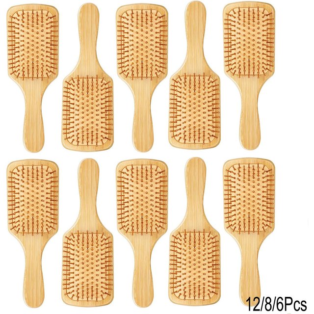 12/8/6Pcs Bamboo Hair Brush with Natural Bamboo Bristles, Soft Bristle Cushion, Bulk Wooden Paddle Brush, Scalp Massage Hair Com