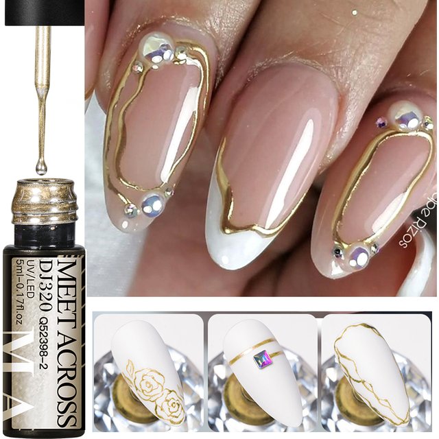 MEET ACROSS 5ml Gold Sliver Metallic Liner Gel Nail Polish Mirror Effect Painting Drawing Gel Line Graffiti Stripe Nail Art