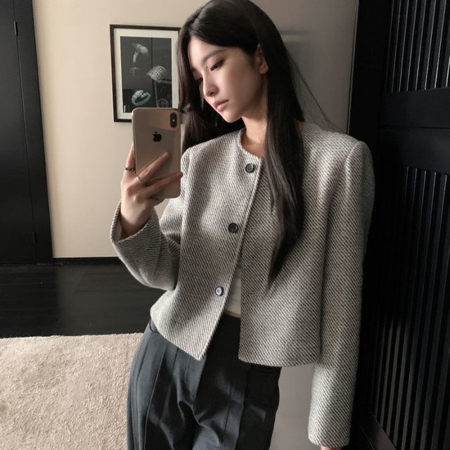 Haut rétro à simple boutonnage et col rond pour femme, veste rayée de tempérament ample, petit parfum