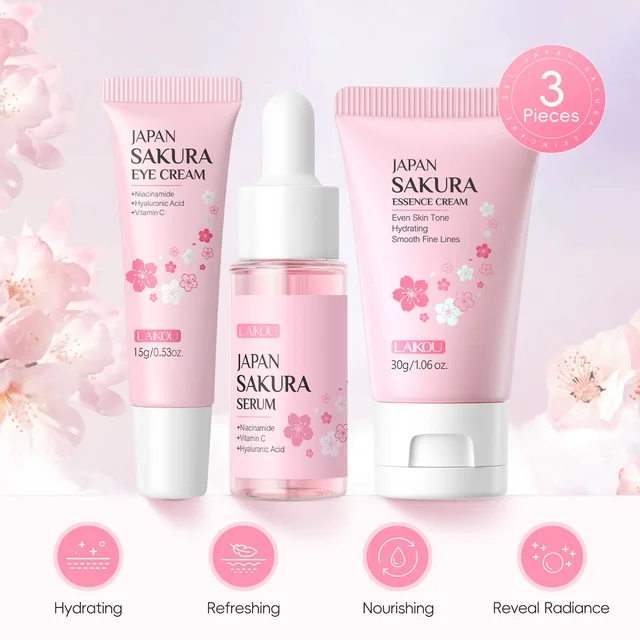 Sakura Skincare 3pcs Set Brightening Eye Cream Hydrating Essence Nourishing Serum For Tighten Moisturize