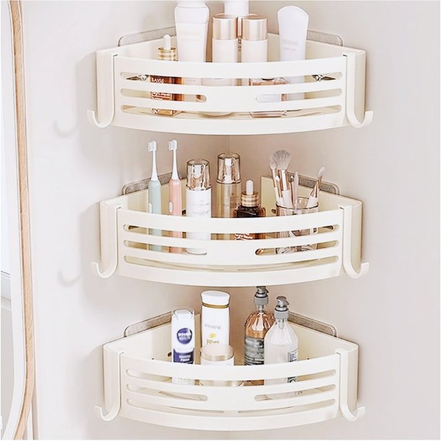 White Bathroom Storage Shelf Wall Mount Self Adhesive No Drilling Shower Bath Room Cosmetics Shampoo Caddy Corner Kitchen Rack