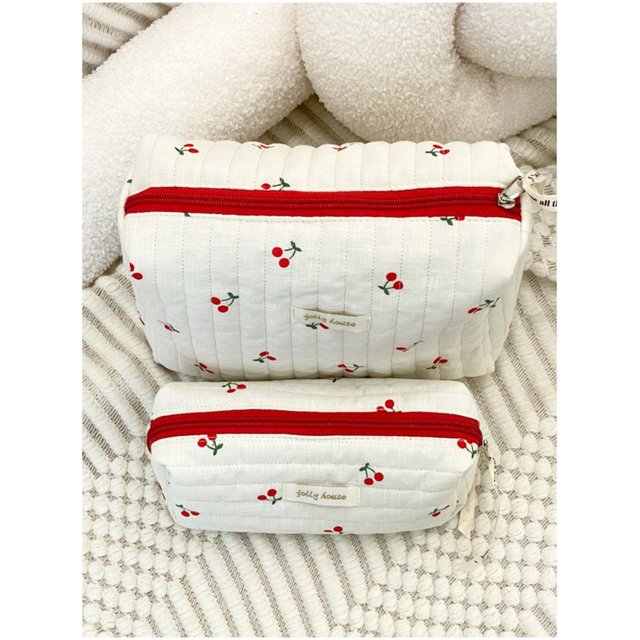Student's Pencil Case Bag Kawaii Cherry Embroidery Pattern Fashion Travel Essentials Pochette Maquillage Toiletry Bag Make Up