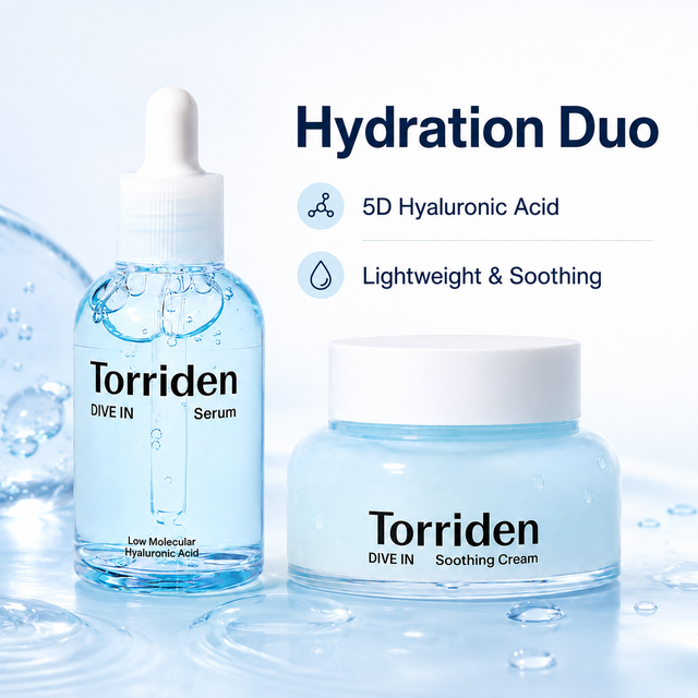 K‑Beauty Torriden DIVE‑IN Hydration Duo Kit,5D Hyaluronic Acid Serum+Soothing Facial Cream,Light Texture Deep Hydration Repair