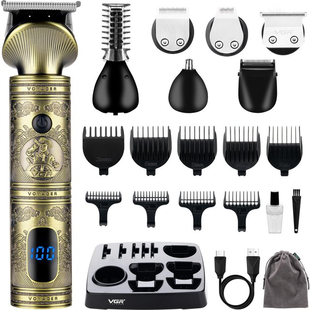 VGR Beard Trimmer for men Kit - Cordless Hair Clippers - Precision Zero Gap T-Blade - 180 Mins Rechargeable Electric Shaver - Ear Nose Face Body Head 6-in-1 Grooming Set