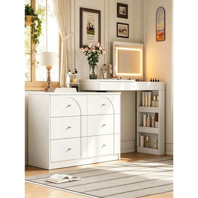 Modern White Combination Makeup Vanity Dressing Table Set With Flip‑Top LED Illuminated Mirror Large Capacity Multi‑Drawer Chest of Drawers Corner Cosmetic Storage Dresser Cabinet Bedroom Home