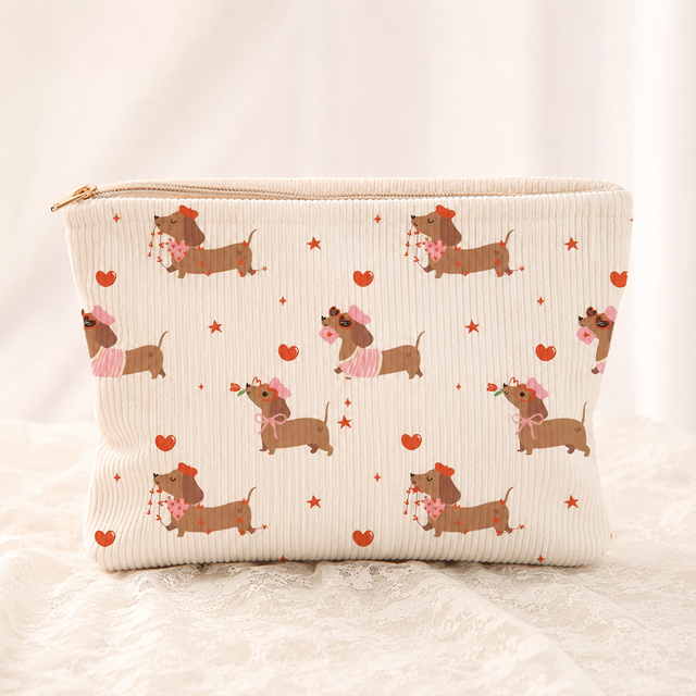 Cute Dachshund Corduroy Cosmetic Bag Large Zipper Makeup Pouch for women Girls Travel Toiletry Organizer Pencil Case