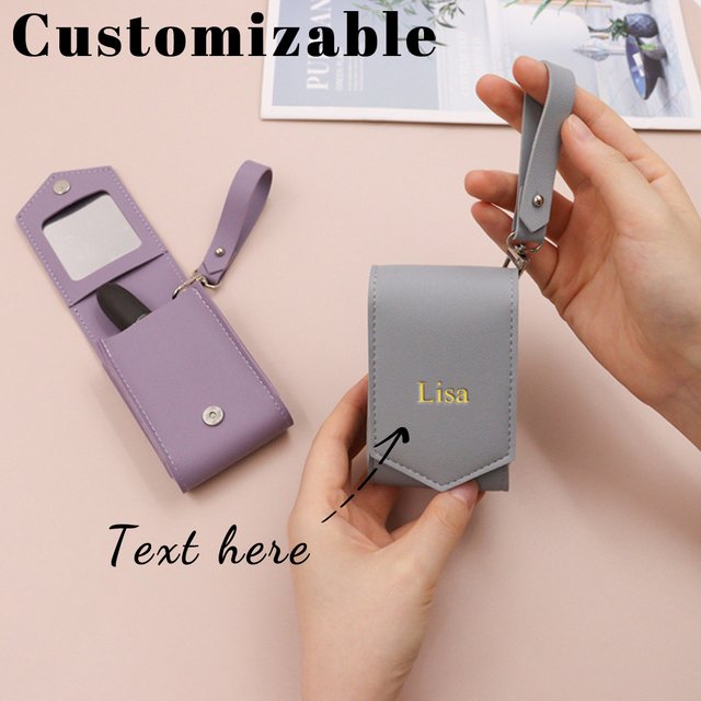 Customized Name Leather Lipstick Case Lip Gloss with Mirror Leather Box PU Perfume Sample Cosmetic Bag