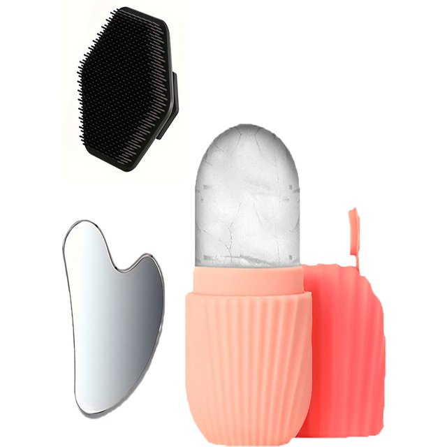 1/3-Piece Facial Cleansing Tool Set, Stainless Steel Heart-Shaped Scraping Tool, Ice Roller, Silicone Facial Brush