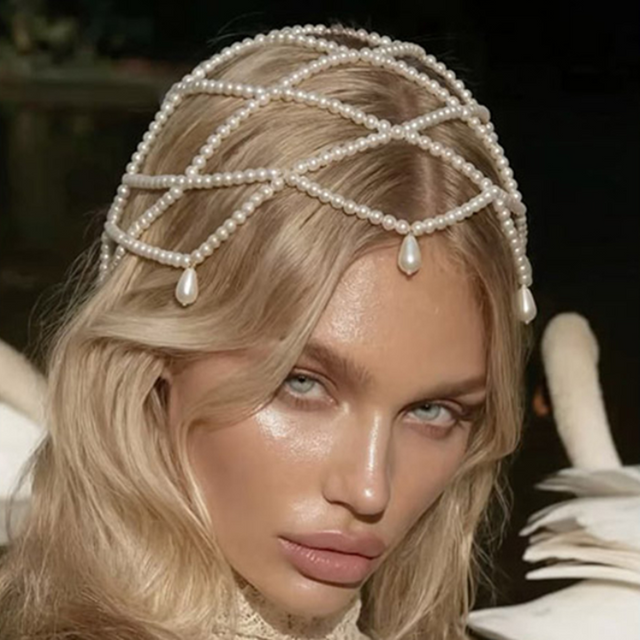 Vintage Bohemian Bride's Imitation Pearl Mesh Hair Accessory Elegant Fashionable Personalized Headwear For Wedding Stage Makeup