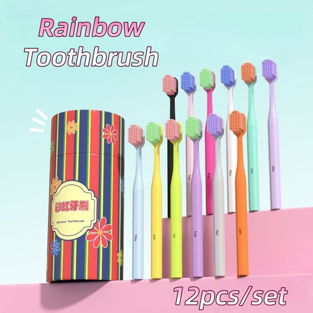 12pcs/set Rainbow Toothbrush Soft Bristles Wide Head Toothbrushes in Bucket Home Use Oral Care Colorful Gentle Clean Toothbrush