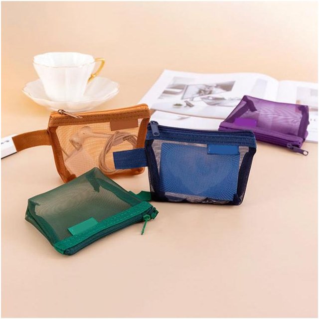 Zipper Mesh Bag Nylon Small Makeup Zipper Mesh Pouch Earphone Storage Bags Multi-purpose Square Bag Coin Bag