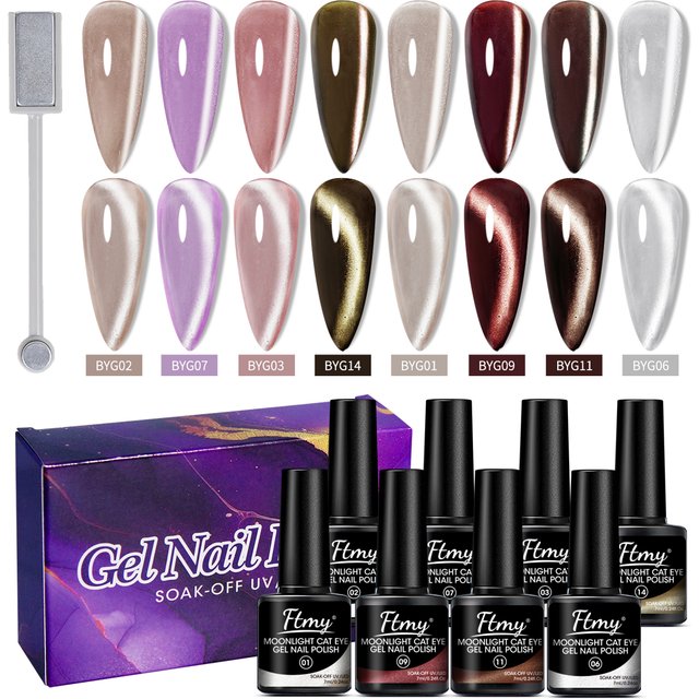 8PC White Moonlight Cat Eye Gel Nail Polish - UV/LED Soakable, Glossy Finish, Heart Pattern, Alcohol Free - Great Gift for women