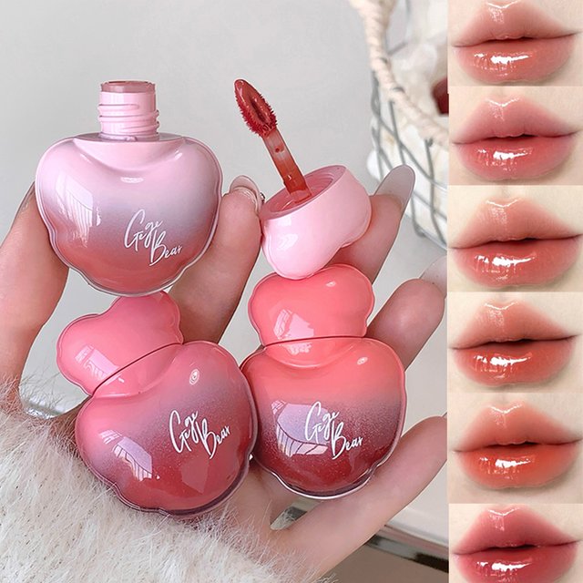 Gege Bear Heart Shape Water Light Lip Llaze Mirror Lipstick Lip Gloss, Hydrating Moisturizing, Long Lasting