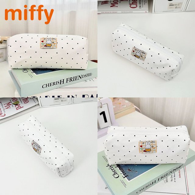 Kawaii Miffy Cute Pencil Case Cartoon Rabbit Embroidery Simple Style Polka Dot Printing Cosmetic Brush Storage Bag Girl Gift