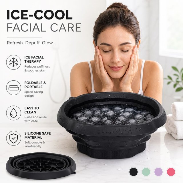 Bol de Bain de Glace Facial Multifonctionnel Pliable avec Bac à Glace Intégré, Lavabo en Silicone pour Soins de la Peau, Bol de Trempage Froid pour le Visage, Outils de Beauté