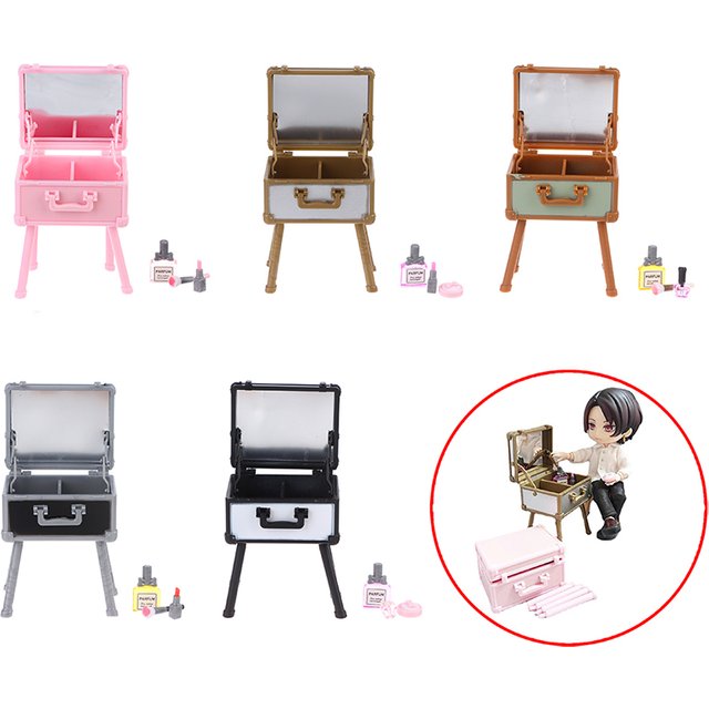 1Set 1:12 Dollhouse Mini Vanity Case Lipstick Perfume Air Cushion Mirror w/Holder Furniture Decor Toy