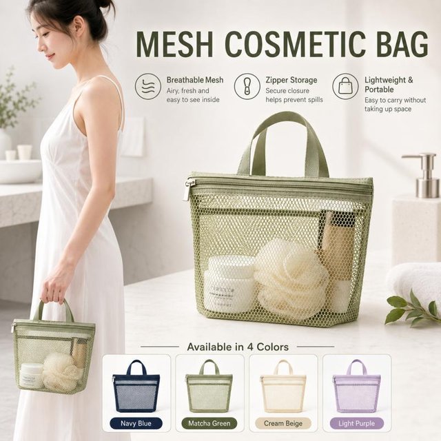 Mini Mesh Cosmetic Bag with Handle, Portable Zipper Makeup and Toiletry Organizer for Travel, Bathroom, Gym, 4 Colors