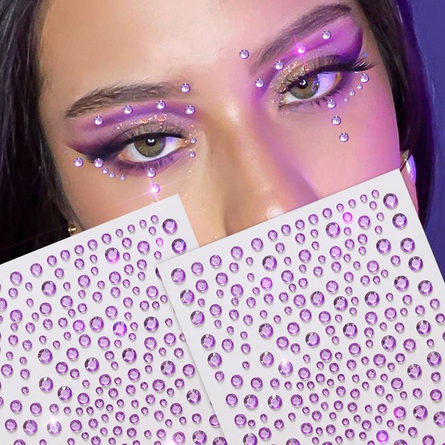 1sheet Purple Mixed Sizes Round Tattoo Face Rhinestones Self Adhesive Pearl Flowers Lines Face Gems Girls DIY Makeup Decorations