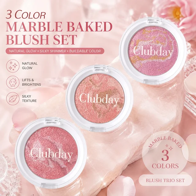 3Pcs Marble Baked Blush Set, Silky Shimmer Blush Powder, Buildable Natural Glow Cheek Makeup For Daily Beauty Look