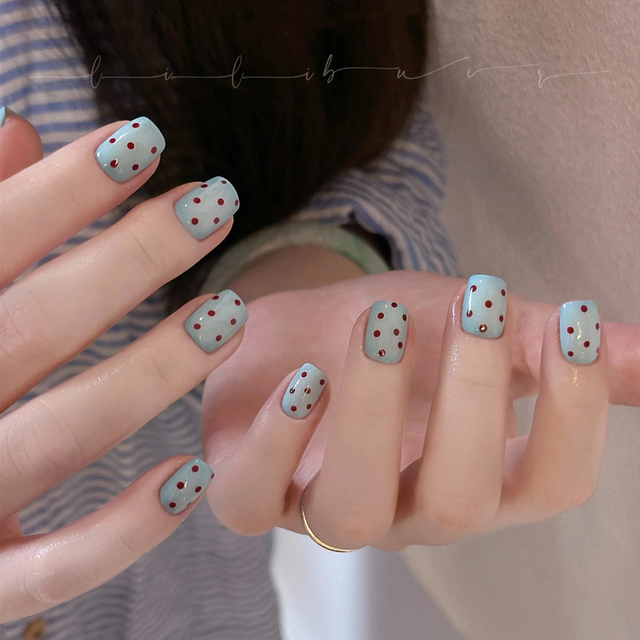 10PCS Handmade Polka Dots Press on Nails Blush Spots Designs Fake Nails Acrylic Women Short Art Manicure Artificial Wearable Set