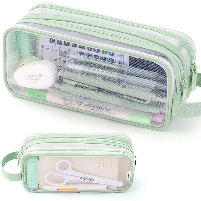 Large Capacity Mesh Pencil Case Double Layer Transparent Pencil Pouch Handheld Multifunctional Cosmetic Bag Suitable for Student