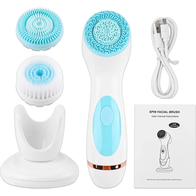 3 in 1 Electric Facial Cleansing Brush Silicone Rotating Face cleanser Brush Deep Cleaning brush Waterproof Facial Massager