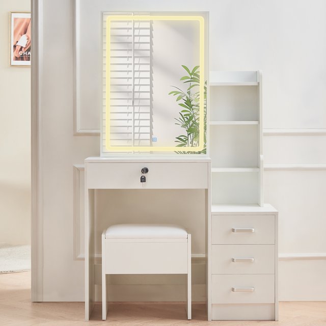 AINPECCA Dressing Table with LED Lights, Vanity Desk with Led Mirror and Drawers Hidden Shelves Stool, Makeup Desk for Bedroom
