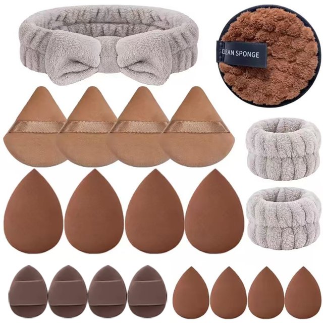 20pcs Brown Makeup Tools Kit Makeup Sponge Finger Puff Air Cushion Headband Wristband Makeup Remover Puff Holiday Gift