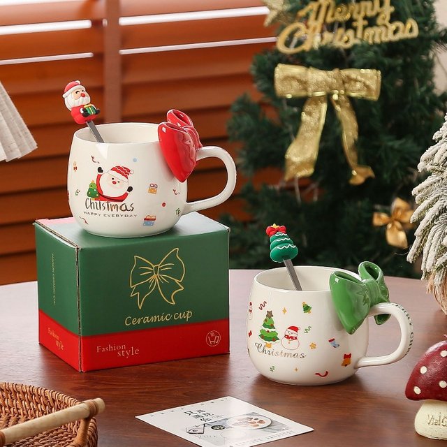 2026 Hot Christmas Ceramic Cup Cute Bow Makeup Coffee Cup Home Office Christmas Gift High Beauty Water Cup Handheld Gift