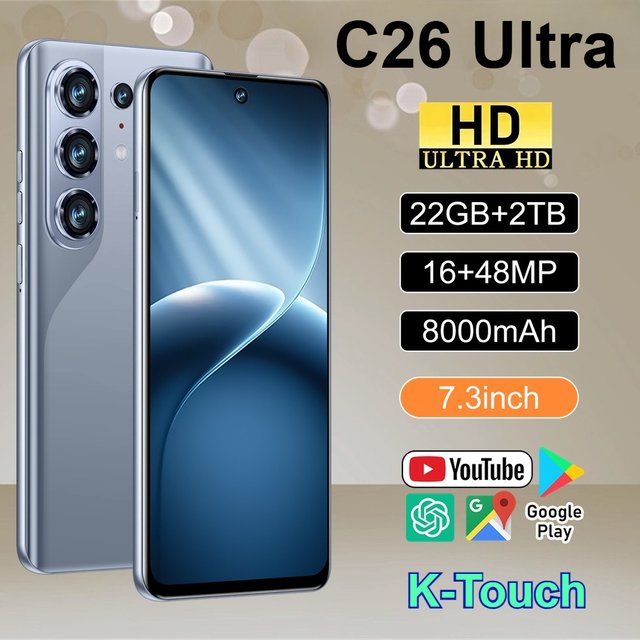 Smartphone K-Touch 5G C26 Ultra, téléphones mobiles Android 22GB+2TB, smartphone 5G double SIM, batterie 7800mAh, écran 7,3 pouces, batterie 8000mAh, déverrouillage facial.
