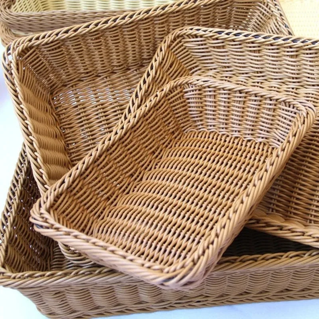 Hand-Woven Imitation Rattan Basket, Rectangular Storage Box, Fruit Snack Bread Cosmetic Organizer for Home Kitchen