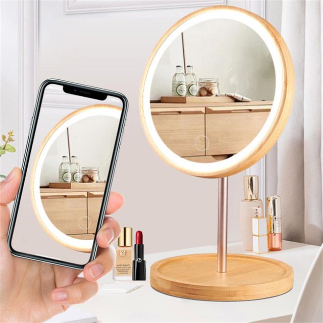 USB Rechargeable 1PC Wood Makeup Mirror 3 Modes With LED Light Daylight Vanity Mirror With Detachable Storage Base Gift