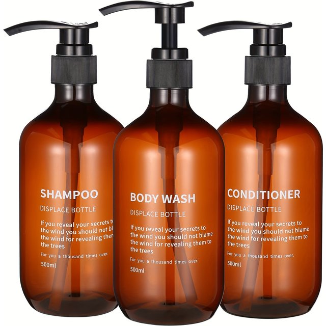 3pcs Waterproof Shampoo Conditioner Dispenser Set Reusable Pump Bottles for Shower Soap Body Wash Hair Care with Printed Label