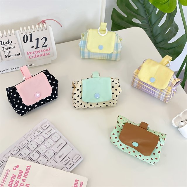 Polka Dot Color Block Storage Bag, Snap Button Grid Pocket for Earphones and Lipstick, Travel Wallet, Polka Dot Plaid Color-Block Snap Button Storage Pouch, Korean Style Energetic Style Earphone and