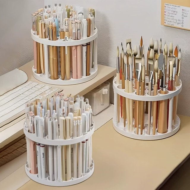 360° Rotating Brush Holder - Sleek White Plastic Organizer Large Capacity Makeup Brush Storage Bucket, Multi-Functional Rack