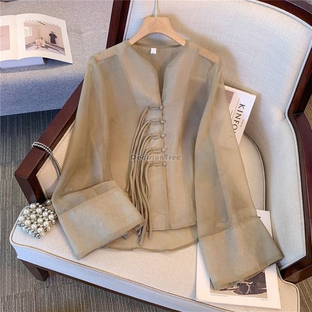 2025 new chinese style v-neck mesh chiffon retro elegant women's tang suit blouse summer new sunscreen long sleeve daily blouse