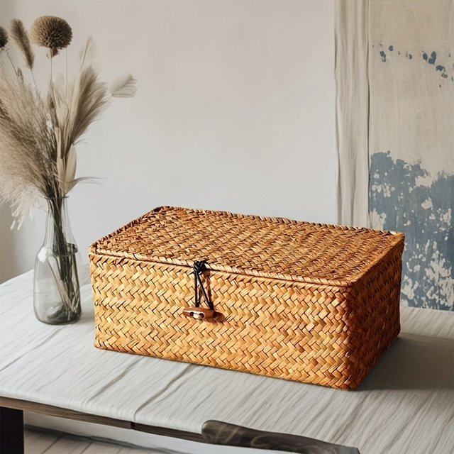 Traditional Braided Straw Box with Lid Rectangular Natural Rattan Organizer for Trinkets Cosmetics or Crafts
