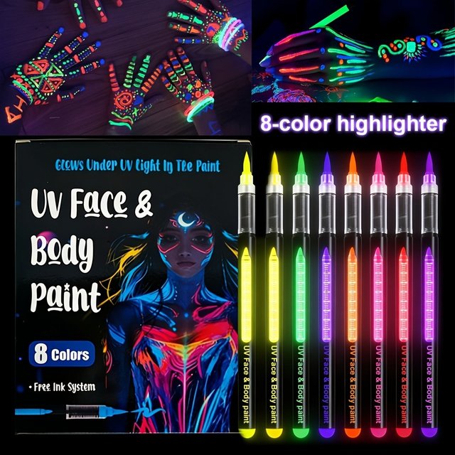EYIR 8 Colors UV Face Body Paint Pens with Stencils Washable Neon Glow Makeup Markers for Halloween Cosplay Festival Party