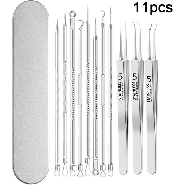 1/11 Pièces Extracteur de points noirs et d'acné, Pince à points noirs, Pince à épiler ultra-fine, Aiguille à acné, Nettoyant facial pour la peau FCZ01