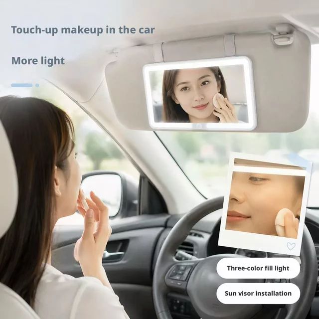 Car Sun Visor Clip‑on Makeup Mirror Rechargeable LED 3‑Color Fill Light Touch Sensitive Control HD Vanity Mirror Portable Auto