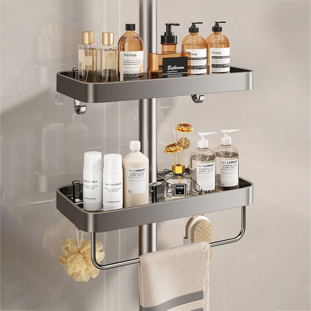 1/2PCS Shower Rack Punch-Free Bathroom Tray With Towel Bar Hooks Shampoo Holder Floating Shelf For Toilet Bathroom Organizer