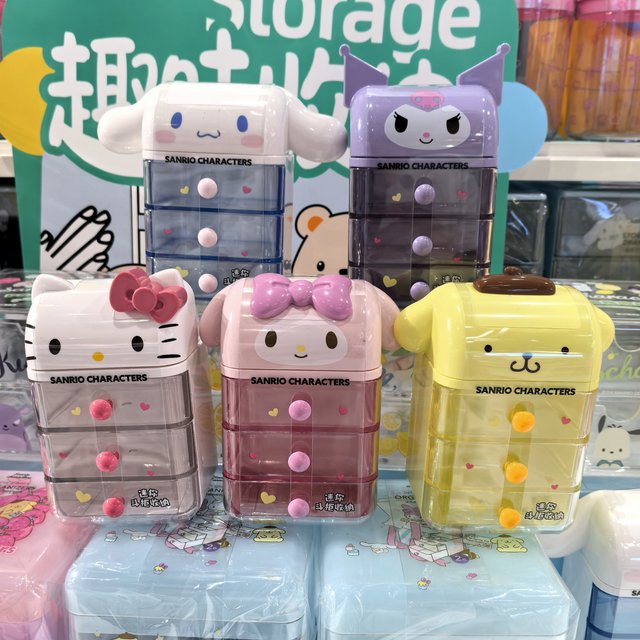 Mini Drawer Storage Box Sanrio Characters Hellokitty Transparent 3 Layer Desktop Cosmetic Organizer For Adult Women