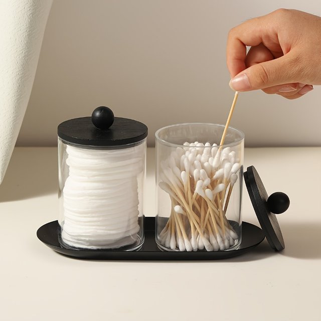 3pcs/set Transparent Thick Plastic Round Cotton Swab Storage Jar With Black Tray Lid Makeup Cotton Holder For Vanity Desktop
